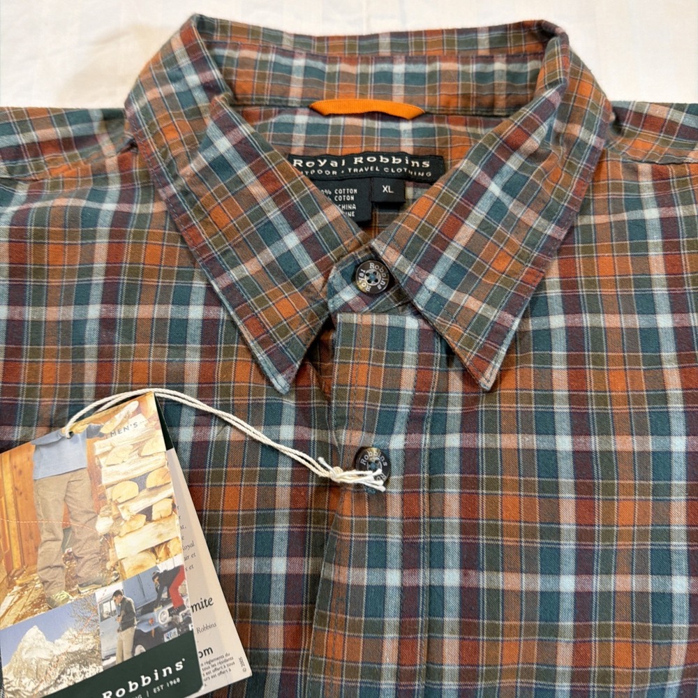 NWT Royal Robbins XL Mens White Mountain Plaid Button Down Shirt Burnt Orange